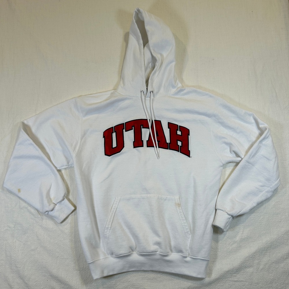 Champion Utah Utes Hoodie White Red Applique Pullover Sweatshirt Large CS2071
